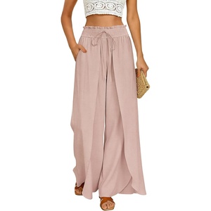 image:imageGRACE KARIN Womens Wide Leg Summer Pants Flowy Side Split Palazzo Beach Pants Boho Drawstring High Waisted TrousersLight Pink