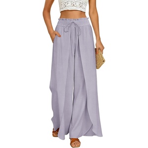 image:imageGRACE KARIN Womens Wide Leg Summer Pants Flowy Side Split Palazzo Beach Pants Boho Drawstring High Waisted TrousersLight Purple