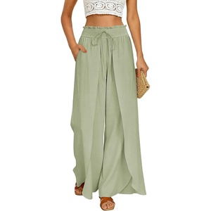 image:imageGRACE KARIN Womens Wide Leg Summer Pants Flowy Side Split Palazzo Beach Pants Boho Drawstring High Waisted TrousersShell Green