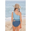 image:imageGRACE KARIN Girls One Piece One Shoulder Swimsuits Kids Cutout Waist Bathing Suits with Kimono Contrast Color Swimwear 614Haze Blue
