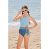 image:imageGRACE KARIN Girls One Piece One Shoulder Swimsuits Kids Cutout Waist Bathing Suits with Kimono Contrast Color Swimwear 614Haze Blue