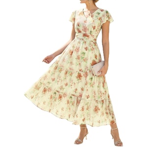 image:imageGRACE KARIN 2026 Women Summer DressMaxi Short Sleeve Floral DressesSemi Formal Flowy Wedding Guest Dress with PocketRice With Light Orange Flowers