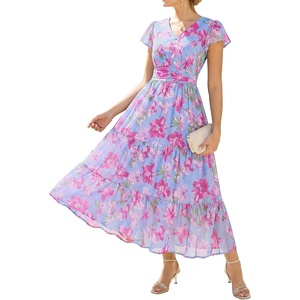 image:imageGRACE KARIN 2026 Women Summer DressMaxi Short Sleeve Floral DressesSemi Formal Flowy Wedding Guest Dress with PocketSky Blue With Pink Flowers
