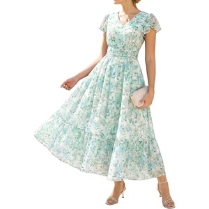 image:imageGRACE KARIN 2026 Women Summer DressMaxi Short Sleeve Floral DressesSemi Formal Flowy Wedding Guest Dress with PocketWhite With Blue and Green Flowers