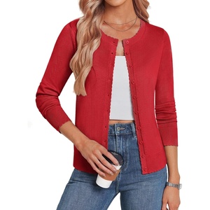 image:imageGRACE KARIN Cardigan Sweaters for Women 2026 Button Down Long Sleeve Cardigans Scalloped Open Front Lightweight SweaterRed
