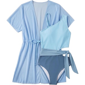 image:imageGRACE KARIN Girls One Piece One Shoulder Swimsuits Kids Cutout Waist Bathing Suits with Kimono Contrast Color Swimwear 614Haze Blue
