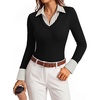 image:imageGRACE KARIN 2026 Womens Long Sleeve Knitted Polo Shirts Slim Fit V Neck Fake Two Piece Patchwork Business Casual Work TopsBlack and White Stripes
