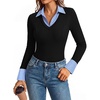 image:imageGRACE KARIN 2026 Womens Long Sleeve Knitted Polo Shirts Slim Fit V Neck Fake Two Piece Patchwork Business Casual Work TopsBlue and White Stripes