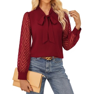 image:imageGARCE KARIN Women Bow Tie Neck Tops 2026 Fall Lace Long Sleeve Blouse Business Dressy Casual Shirt Work Office FormalDark Wine