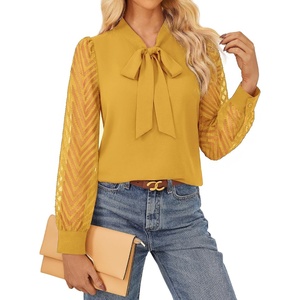image:imageGARCE KARIN Women Bow Tie Neck Tops 2026 Fall Lace Long Sleeve Blouse Business Dressy Casual Shirt Work Office FormalYellow