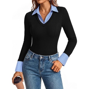 image:imageGRACE KARIN 2026 Womens Long Sleeve Knitted Polo Shirts Slim Fit V Neck Fake Two Piece Patchwork Business Casual Work TopsBlue and White Stripes