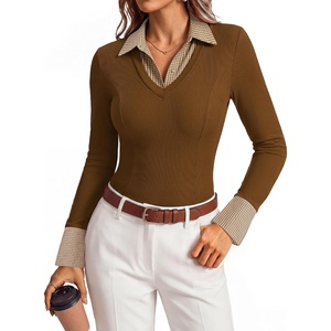 image:imageGRACE KARIN 2026 Womens Long Sleeve Knitted Polo Shirts Slim Fit V Neck Fake Two Piece Patchwork Business Casual Work TopsBrown