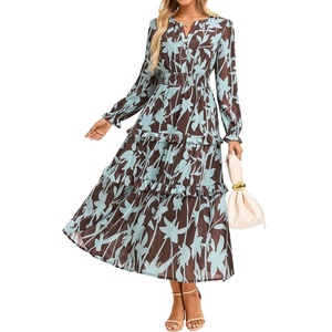 image:imageGRACE KARIN Womens Floral Long Sleeve Maxi Dress 2026 V Neck Fall Wedding Guest Outfits Boho Flowy Dresses with PocketsBlue Brown Leaves