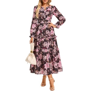 image:imageGRACE KARIN Womens Floral Long Sleeve Maxi Dress 2026 V Neck Fall Wedding Guest Outfits Boho Flowy Dresses with PocketsPink Black Floral