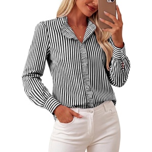 image:imageGRACE KARIN Women Striped Button Down Shirts Dressy Casual Cotton Ruffled Long Sleeve Tops 2026 Summer Fashion Work ClothesBlack