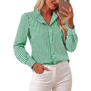 image:imageGRACE KARIN Women Striped Button Down Shirts Dressy Casual Cotton Ruffled Long Sleeve Tops 2026 Summer Fashion Work ClothesGreen