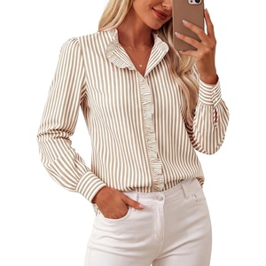 image:imageGRACE KARIN Women Striped Button Down Shirts Dressy Casual Cotton Ruffled Long Sleeve Tops 2026 Summer Fashion Work ClothesKhaki