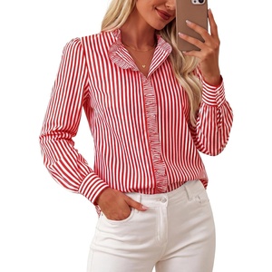 image:imageGRACE KARIN Women Striped Button Down Shirts Dressy Casual Cotton Ruffled Long Sleeve Tops 2026 Summer Fashion Work ClothesRed