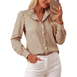 image:imageGRACE KARIN Women Striped Button Down Shirts Dressy Casual Cotton Ruffled Long Sleeve Tops 2026 Summer Fashion Work ClothesSepia