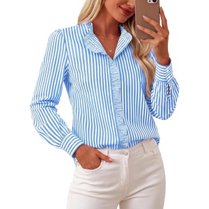 image:imageGRACE KARIN Women Striped Button Down Shirts Dressy Casual Cotton Ruffled Long Sleeve Tops 2026 Summer Fashion Work ClothesSky Blue
