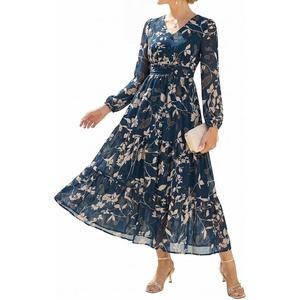 image:imageGRACE KARIN Womens Floral Long Sleeve DressElegance Wedding Guest DressesV Neck Flowy Boho Maxi Dress with PocketDark Blue Green With Rice Leaves