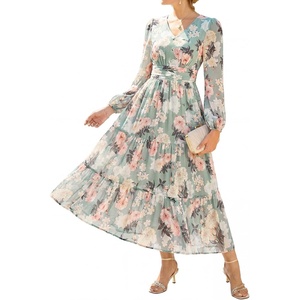 image:imageGRACE KARIN Womens Floral Long Sleeve DressElegance Wedding Guest DressesV Neck Flowy Boho Maxi Dress with PocketGreen With Pink Yellow Flowers