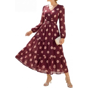 image:imageGRACE KARIN Womens Floral Long Sleeve DressElegance Wedding Guest DressesV Neck Flowy Boho Maxi Dress with PocketRed Brown With Beige Polka Dots
