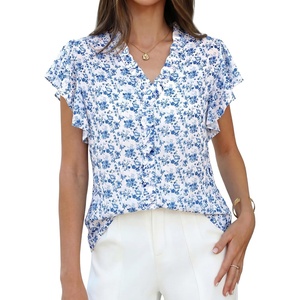 image:imageGRACE KARIN 2026 Boho Tops for Women Dressy CasualRuffle Sleeve Chiffon Blouses Floral ShirtsV Neck Summer Fashion ClothesBlue Floral