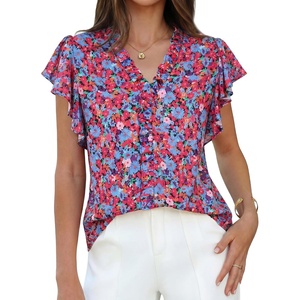 image:imageGRACE KARIN 2026 Boho Tops for Women Dressy CasualRuffle Sleeve Chiffon Blouses Floral ShirtsV Neck Summer Fashion ClothesBlue Red