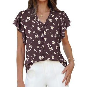 image:imageGRACE KARIN 2026 Boho Tops for Women Dressy CasualRuffle Sleeve Chiffon Blouses Floral ShirtsV Neck Summer Fashion ClothesCoffee