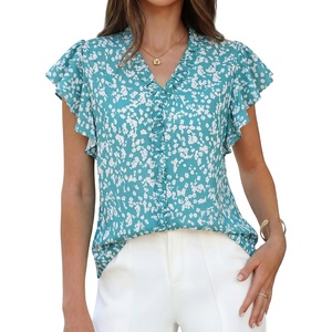 image:imageGRACE KARIN 2026 Boho Tops for Women Dressy CasualRuffle Sleeve Chiffon Blouses Floral ShirtsV Neck Summer Fashion ClothesGreen White