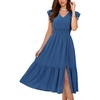image:imageGRACE KARIN 2026 Womens Summer Dresses V Neck Ruffle Sleeve Floral Boho Beach Dress ALine Swing Midi Wedding Guest SundressDark Bluesolid
