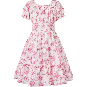 image:imageGRACE KARIN Girls Summer Floral Dresses Puff Sleeve Princess Dress 614Y  Square Neck Party Dress Graduation Birthday Wedding Beach Smocked Back Tiered Skirt Woven Lined for Tween Teen GirlHot Pink Floral