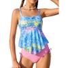 image:imageGRACE KARIN Girls Tankini Swimsuit Swimwear Teen Cute Ruffle Bathing Suit Kids 2 Piece Shirred Bikini Set with Padded 816Blue Pink Coconut Tree