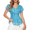image:imageGRACE KARIN Women Boho Mesh Tops Dressy Casual Ruffle Sleeve Blouses Floral Peplum Work Shirts 2026 Summer Trendy ClothesBlue Floral