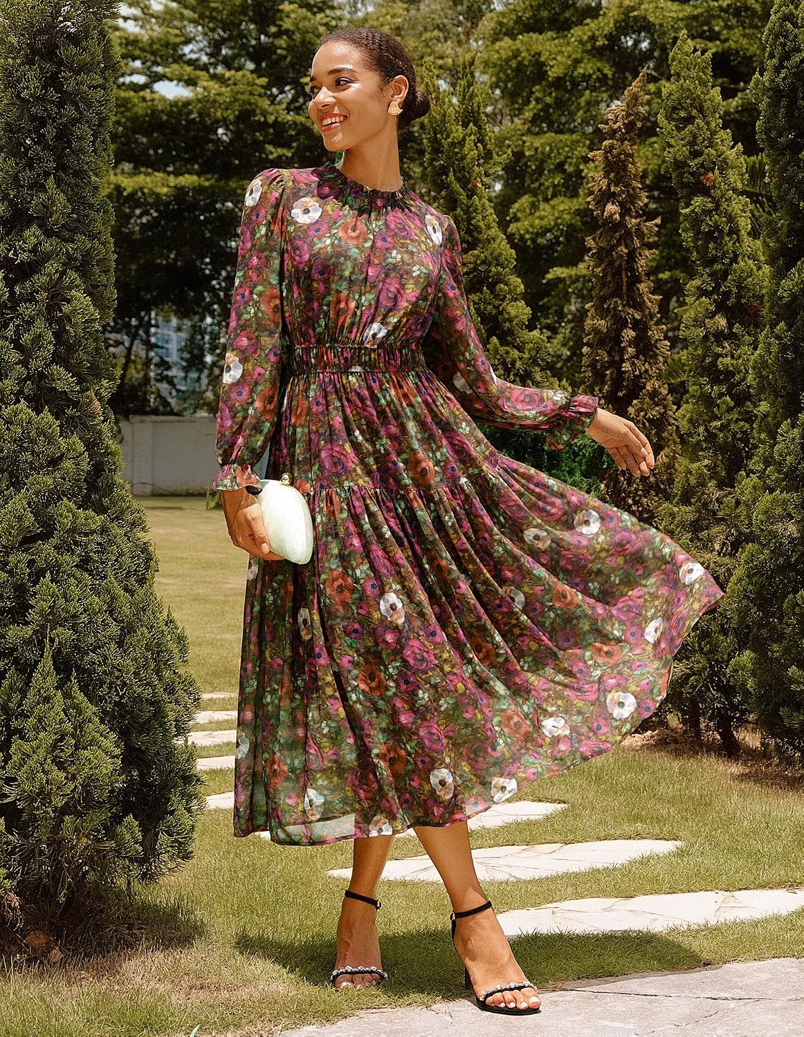 image:imageGRACE KARIN Womens Fall Wedding Guest Dresses 2026 Floral Long Sleeve Chiffon Maxi Dress Flowy Boho Dress with PocketsVintage Multicolored