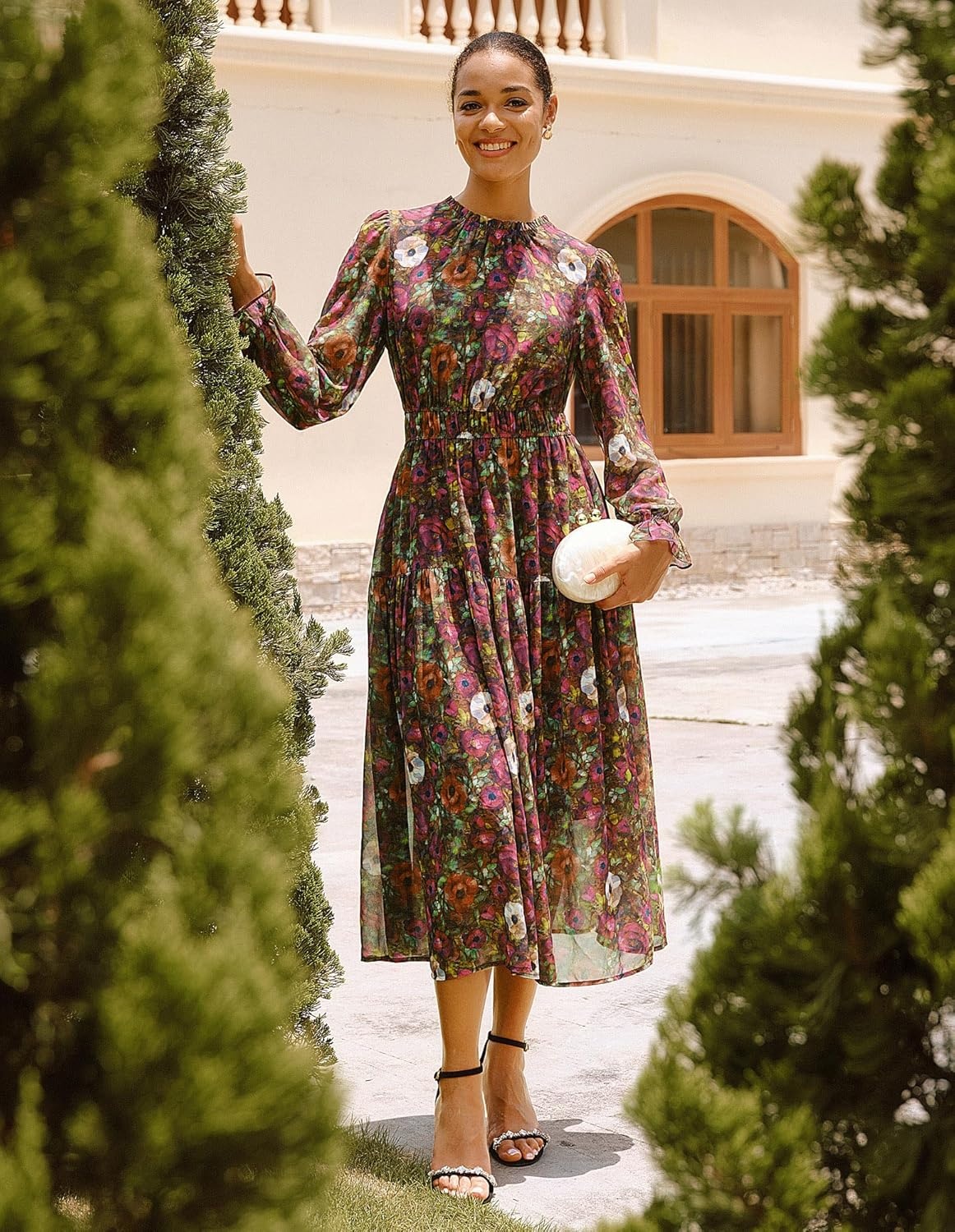 image:imageGRACE KARIN Womens Fall Wedding Guest Dresses 2026 Floral Long Sleeve Chiffon Maxi Dress Flowy Boho Dress with PocketsVintage Multicolored