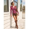 image:imageGRACE KARIN Mesh Long Sleeve Tops for WomenWrap V Neck Boho Top Dressy CasualRuched Floral Blouses Fall Fashion ClothesRed Rose