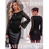 image:imageGRACE KARIN Womens Lace Top Sheer Bell Long Sleeve Ruched Asymmetrical Boho Western Clothes Fitted Mesh Peplum Tops FlowyBlack Peony Lace