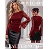 image:imageGRACE KARIN Womens Lace Top Sheer Bell Long Sleeve Ruched Asymmetrical Boho Western Clothes Fitted Mesh Peplum Tops FlowyRed Rose Lace