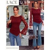 image:imageGRACE KARIN Womens Lace Top Sheer Bell Long Sleeve Ruched Asymmetrical Boho Western Clothes Fitted Mesh Peplum Tops FlowyRed Rose Lace