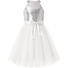 image:imageGRACE KARIN Girls Sequin Tulle Halter Dress Party Formal Gown  Sparkly Glitter Sequins Soft Tulle Skirt Satin Bow Belt KneeLength Hidden Zipper Back for Birthday Wedding PageantWhite Silver