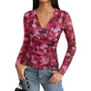 image:imageGRACE KARIN Mesh Long Sleeve Tops for WomenWrap V Neck Boho Top Dressy CasualRuched Floral Blouses Fall Fashion ClothesRed Rose