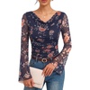 image:imageGRACE KARIN Women Boho Mesh Ruched Tops Dressy Casual Cowl Neck Bell Long Sleeve Shirts 2026 Summer Blouses Trendy ClothesNavy Blue