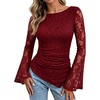 image:imageGRACE KARIN Womens Lace Top Sheer Bell Long Sleeve Ruched Asymmetrical Boho Western Clothes Fitted Mesh Peplum Tops FlowyRed Rose Lace