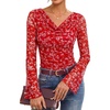 image:imageGRACE KARIN Women Boho Mesh Blouses Dressy Casual Cowl Neck Tops  Bell Long Sleeve Floral Shirts Business Work Ruched Outfits 2026 Fall Fashion ClothingRed Floral