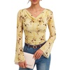 image:imageGRACE KARIN Women Boho Mesh Blouses Dressy Casual Cowl Neck Tops  Bell Long Sleeve Floral Shirts Business Work Ruched Outfits 2026 Fall Fashion ClothingYellow Brown