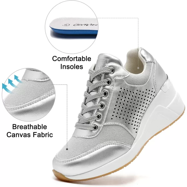High Heeld Wedge Sneakers for Women  Ladies Hidden Sneakers Lace Up Shoes Best Chioce for Casual and Daily Wear145silver