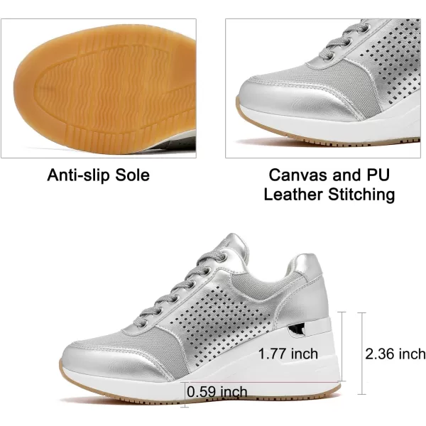 High Heeld Wedge Sneakers for Women  Ladies Hidden Sneakers Lace Up Shoes Best Chioce for Casual and Daily Wear145silver
