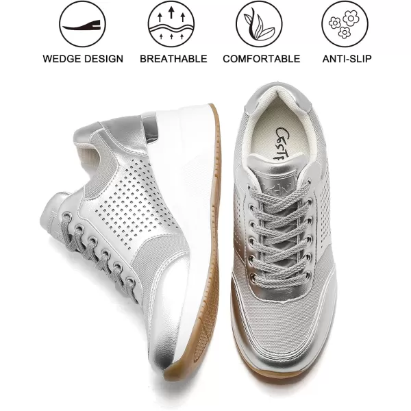 High Heeld Wedge Sneakers for Women  Ladies Hidden Sneakers Lace Up Shoes Best Chioce for Casual and Daily Wear145silver